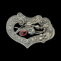 Antique Art Nouveau Floral Silver Tone Large Brooch Sash Pin w Glass Cab