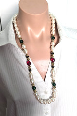 Vintage Faux Baroque Pearls Red Green Black Gold Lucite Beads Necklace 28″L