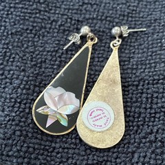 Alpaca Mexico Silver Teardrop Black Dangle Inlaid Abalone Lotus Flower Earrings