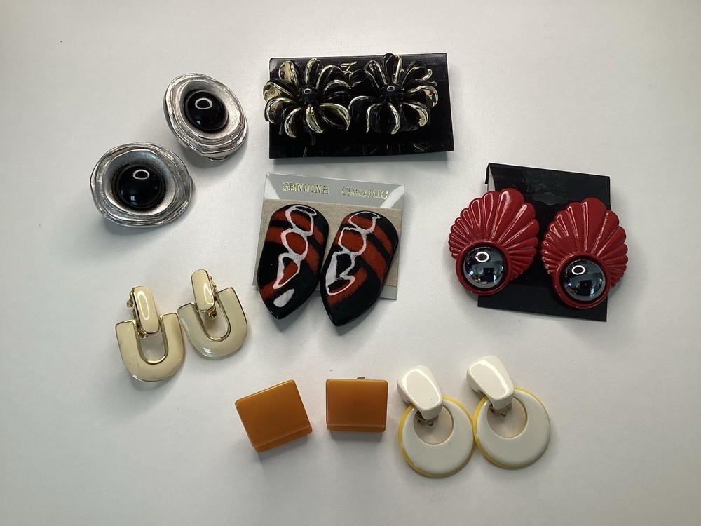 Vintage Large 1980s 1990s Statement Bold Heavy Earrings Clip-on Lot Bakelite