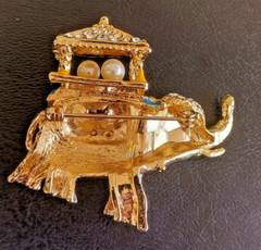Elephant Brooch Gold Tone, Rhinestones, 2 Fauz Pearls, Green Eye, Blue Enamel