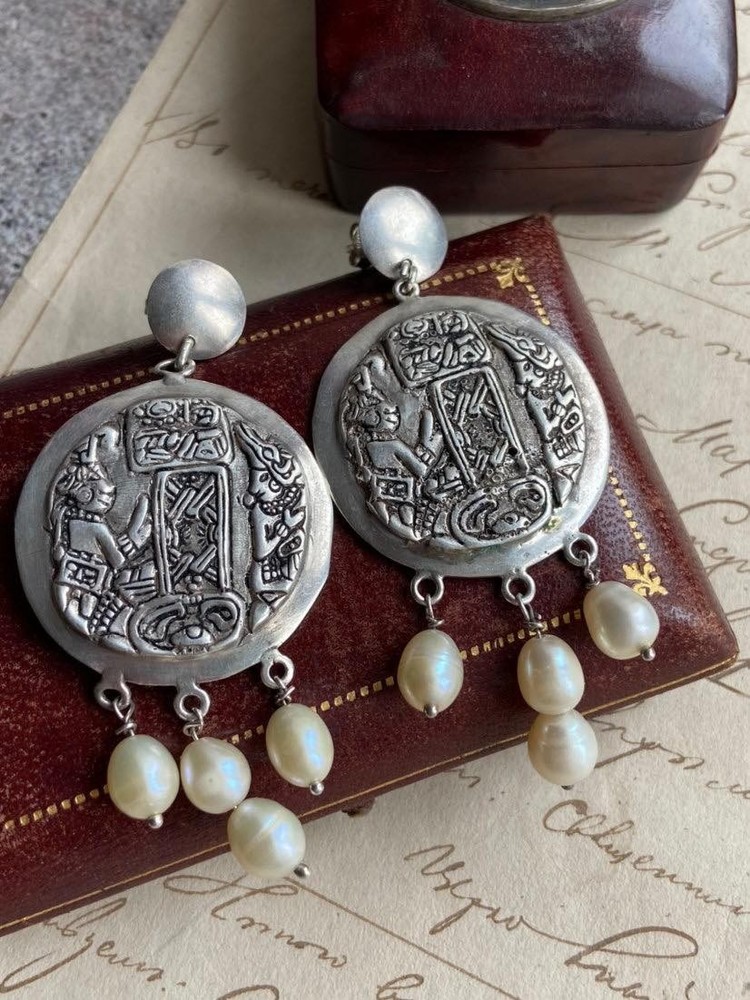 Vintage 800 Silver Mother of Pearl Ethnic Dangle Earrings Handmade 27.2g Gift