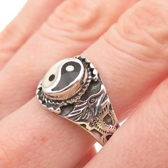 925 Sterling Silver Vintage Real Black & White Onyx Yin Yang Ring Size 11.75