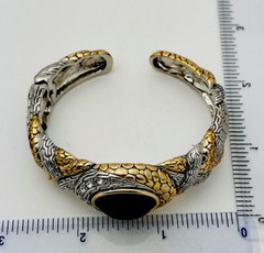 1990s 2 Tone Designer Look Crystal Black Cabochon Side Hinge Bangle Bracelet 7”