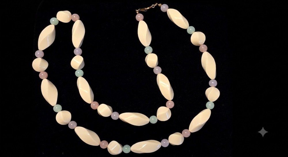 Vintage Beige Beaded Necklace With Pink Green & Lavender Accents