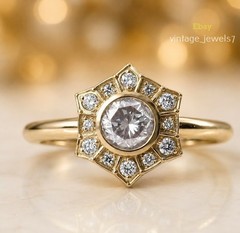 Vintage Hexagon Halo 2CT Round Cut Lab Created Diamond Ring 14K Yellow Gold Over