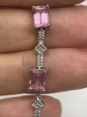 Vtg 10k Gold Pink Topaz Diamond Link Tennis Bracelet Chevron Textured Links READ