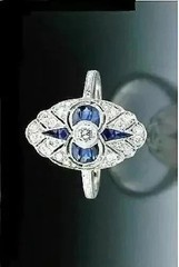 Vintage Art Deco Lab Created Sapphire Diamond Womens Engagement 14K Gold FN Ring