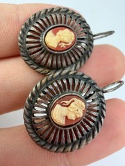 Vintage Earrings Cameo Sterling Silver Medallion Dangle Signed