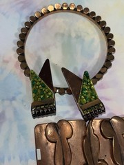 Vintage 1960s Renoir Copper Jewelry Bracelet Bangle Green Clip On Earrings