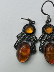 Vintage BOMA signed Baltic Amber Marcasite Sterling Earrings One Hook Beautiful