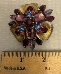 Vintage Juliana Purple Blue Red Rhinestone Brooch Goldtone D&E Book Piece 2.5″