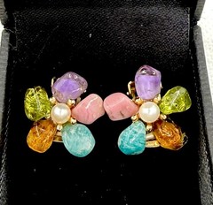 AUTHENTIC SWOBODA FLOWER EARRINGS ~ GENUINE SAPPHIRE PEARL MULTISTONE CLIP ON