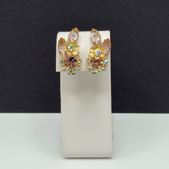 Glamorous AB Crystal Flower Floral Pale Rhinestone Climber Vtg Clip On Earrings