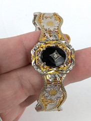 1920s Art Deco Rhodium & Gold Filigree Bangle Bracelet Onyx Stone 6.25 in