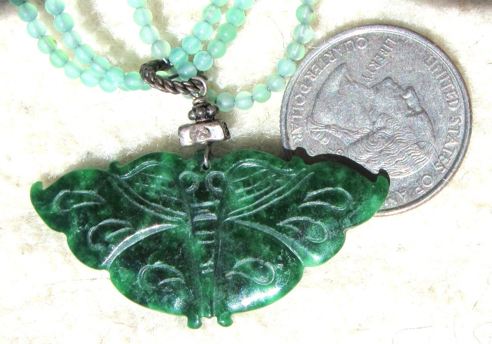 Fine Hand Carved Vintage Chinese Spinach Jade Butterfly Pendant Necklace 17.65gm
