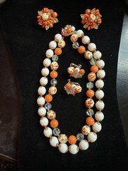 Vintage Vendome Necklace Earrings Orange, White And Gold Plated Unique Beads 15”