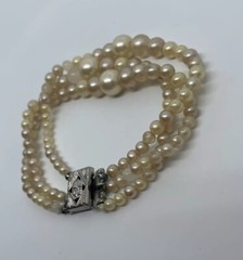 Vintage Triple Strand Faux Pearl Bracelet 6.5” Jewelry Silver Clasp Latch Japan