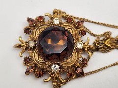 Vintage Florenza Signed Brooch Amber Topaz Rhinestone Gold Tone Chains 3.25″ Lg