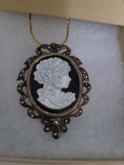 Vntg Cameo .925, marcasite, onyx, MOP pendant w/ new .925 goldplated chain.