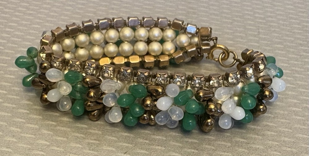 50s Vintage Signed Germany Wired Green Glass Bead Rhinestone Pearl Bracelet 7”