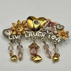 Vintage Garden Floral Heart Dangle Brooch Pink Bead Charm Statement Pin Signed