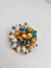 Vintage Jewlery Brooch Earring Set Clip On Gold Blue Beads Women Accessory