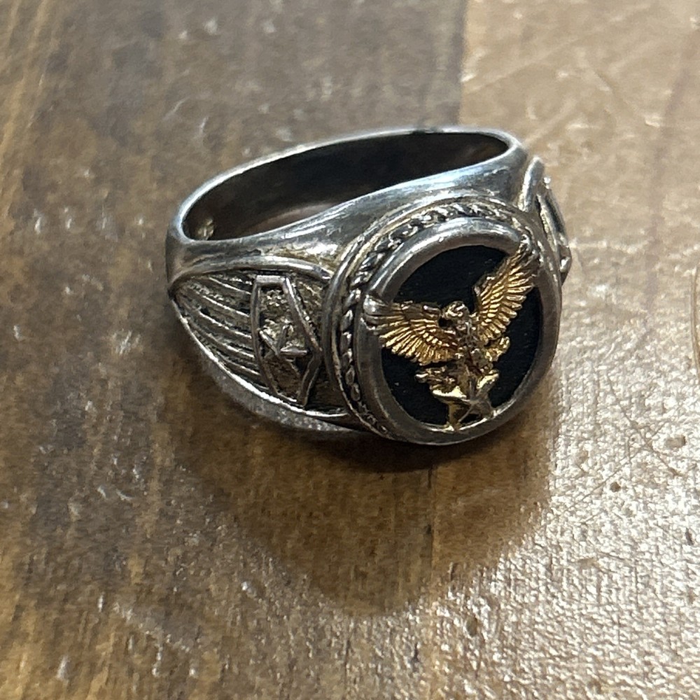 Vtg CC Sterling Silver gold tone American Eagle Onyx Signet Ring Sz 11.75 9.51G