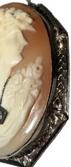 Antique Art Deco Solid 14K White Gold Habille Shell Cameo Brooch Pendant Diamond