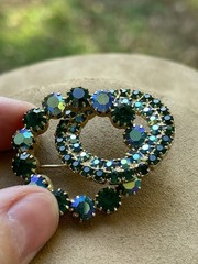 Vintage AB Green Blue Crystals Rhinestones Brooch 2 Circles Wreaths