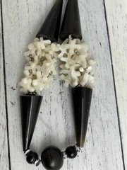 Vintage Tribal Bone Necklace Mother of Pearl Black Horn Statement Beaded 25 in