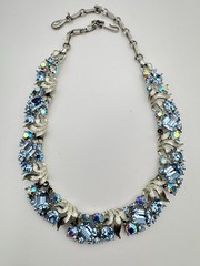 Vintage Lisner Necklace Blue Aurora Borealis AB Rhinestone Leaf Choker READ