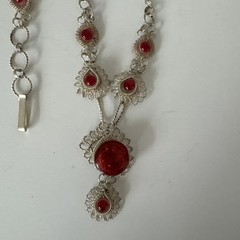 Vintage Antique Silesian Iron Wirework Necklace & Bracelet, Faux Ruby And Silver