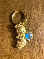 Vintage Precious moments BLUE Lucite DECEMBER Gold Tone Key Chain/PENDANT 1 3/4″