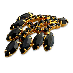 Vintage 1960s Unsigned Jet Black Glass Rhinestone Spray Gold-tone Costume Brooch