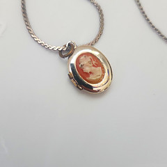 Oval Cameo Locket Pendant Necklace Silver Tone White Orange Stone