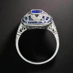Art Deco Emerald Cut Sapphire & Lab Created Diamond 925 Silver Anniversary Ring