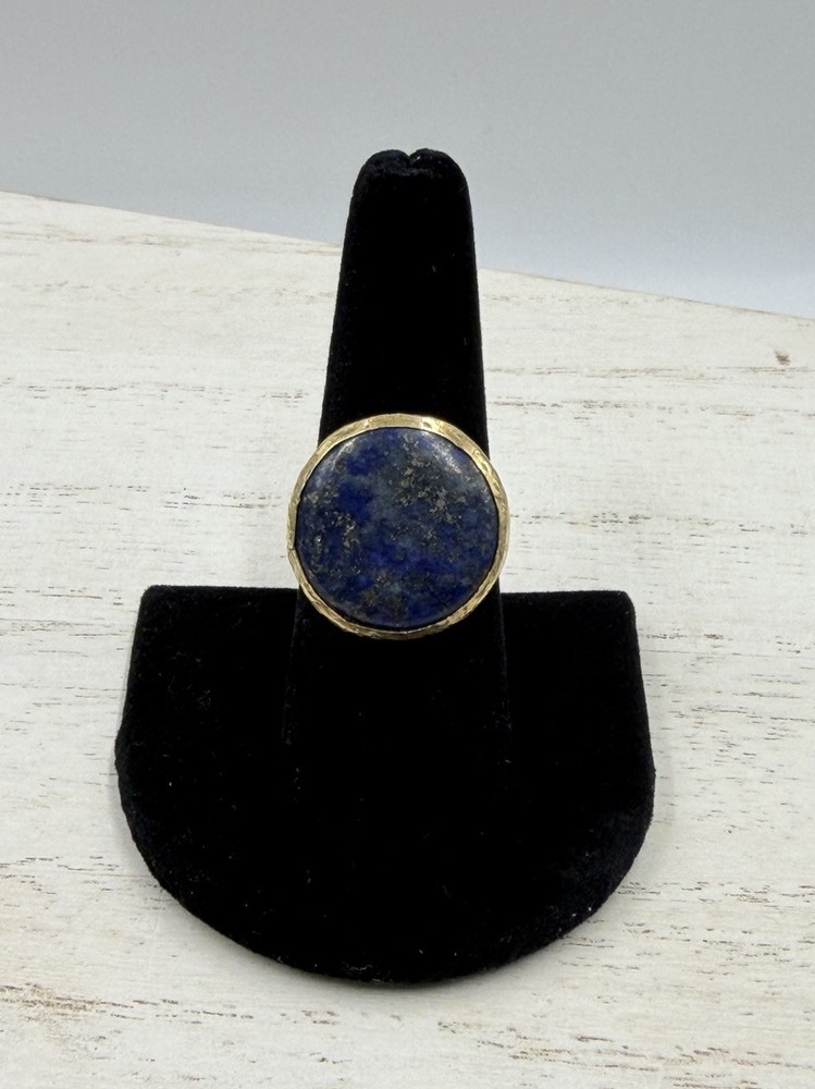 Vintage Artisan Lapis Lazuli Cabochon Brass Tone Adjustable Ring Sz 8.5