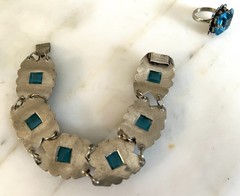 Antique Vintage Mexico Silver Blue Glass Bracelet 7 Inches Ring 5.5 Handmade