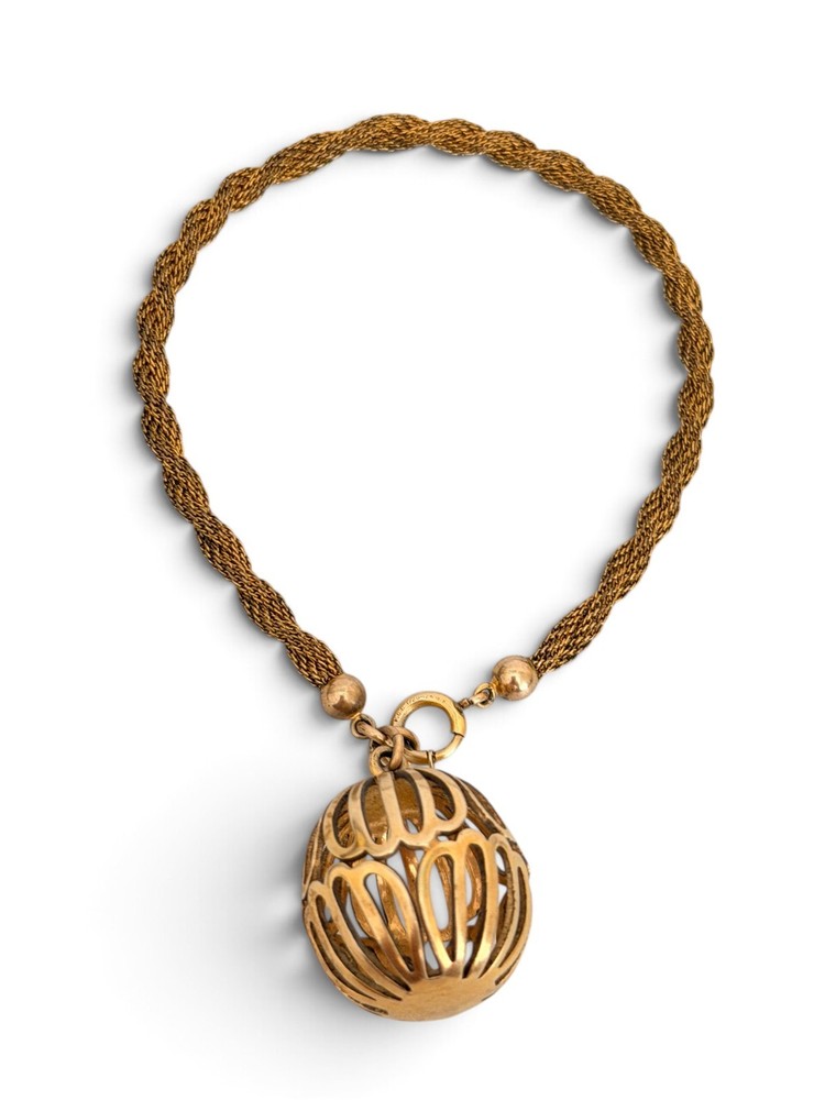 Vintage 12K Gold Filled Mesh Cord Bracelet Orb Cage Pendant F.C. Co.