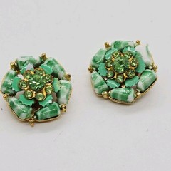Selro Selini Green Clip On Earrings Rhinestone Flowers Gold tone Designer 1 in