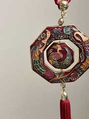 Vintage Cloisonné Red Floral Peacock Enameled Hexagon Tassel Necklace Bird New