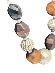 Vintage Boho-Style Necklace Chunky Wood Black Acrylic Silver-Tone Textured Beads