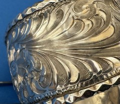 Vintage RARE Signed MOSES Sterling Silver Hand Engraved Curved End Cuff Bracelet