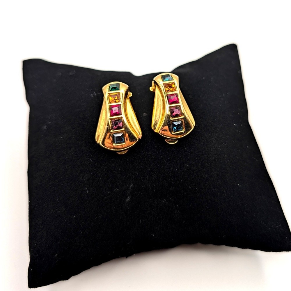 Vintage Gold Tone Clip On Earrings Multi Color Crystal Jewel Tone Rainbow Multi