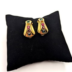 Vintage Gold Tone Clip On Earrings Multi Color Crystal Jewel Tone Rainbow Multi