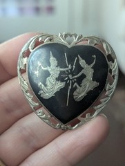 Vintage Siam Sterling Heart Black Niello Brooch Pin Lightning Goddess Love Art