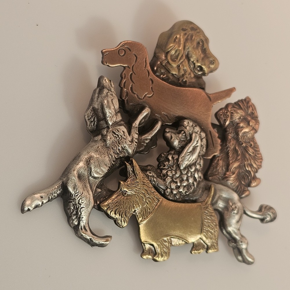 Vintage K&T – 6 Breed Dogs 2.75″ Cute Brooch Mixed Metals Copper Pewter Brass
