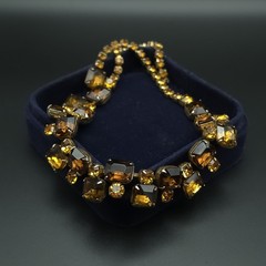 Vintage 1950s Amber Brown Rhinestone Bib Necklace Gold Tone 16 Inch