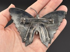 BIG Vtg Sterling Silver Butterfly Brooch Mexico Turquoise Stones 3.25″ Insect
